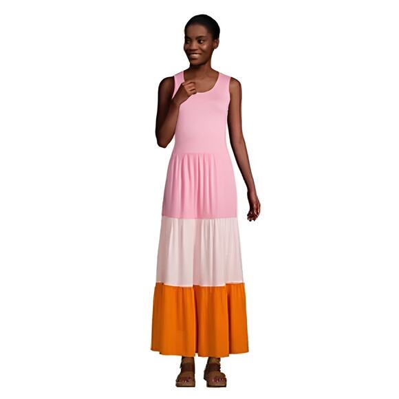 Lands' End Colorblock Tank Dress Sleeveless Tiered Maxi Pink Orange Women Size L - Picture 1 of 13